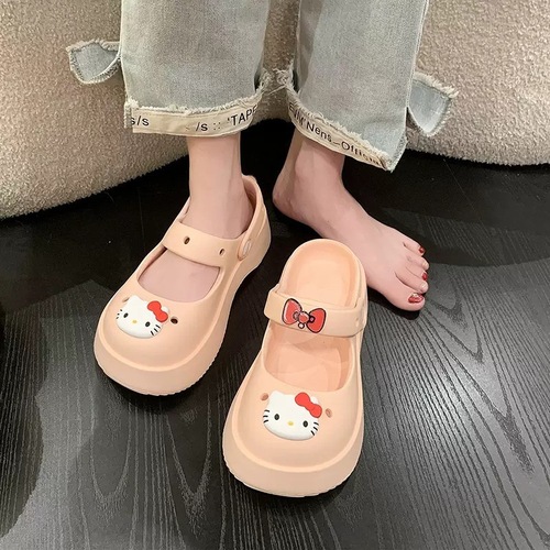 Mary Jane Cute Hole Shoes Women  Summer New Outer Wear Thick Sole Girly Cartoon Cap Slippers