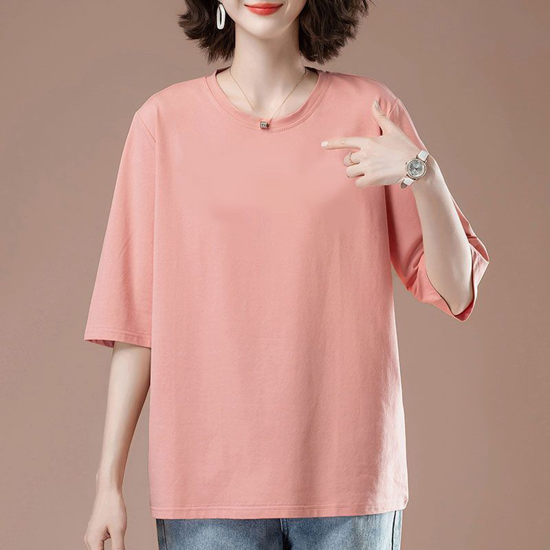 貿易輸出 綿100% 七分袖Tシャツ ゆったりお腹カバー 五分袖 洋風 春夏 大きいサイズ レディース トップス|undefined