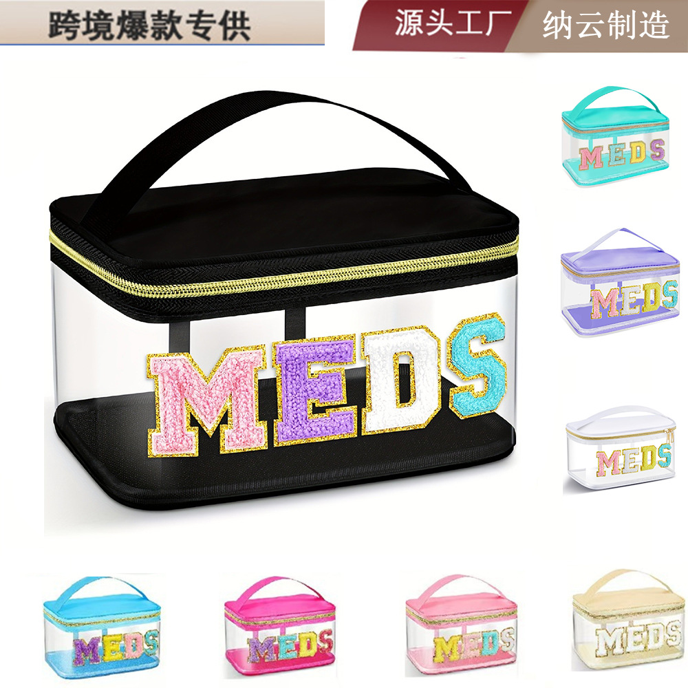 Amazon Cross-Border Pvc Transparent Meds Medicine Box Embroidered Letter Cosmetic Bag Portable Storage Bag Travel Toiletry Bag