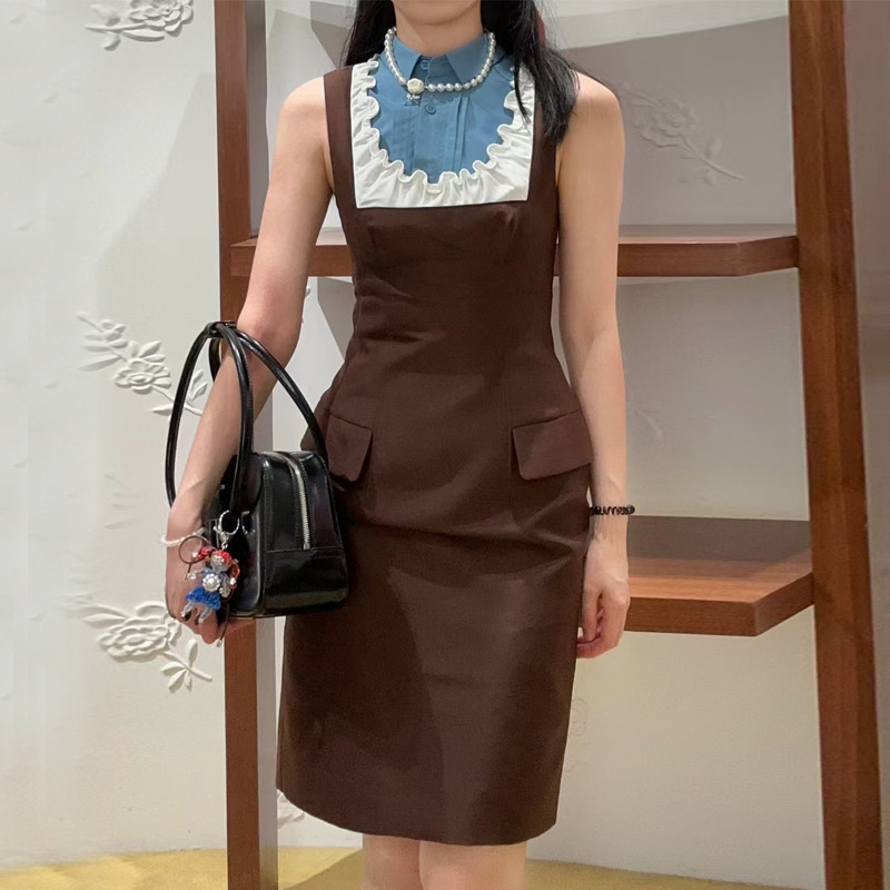 [in Stock] 2025 Autumn/Winter Workplace Commuting Tank Dress with Ruffled Hem and Contrasting Colors Straight Dress 25824