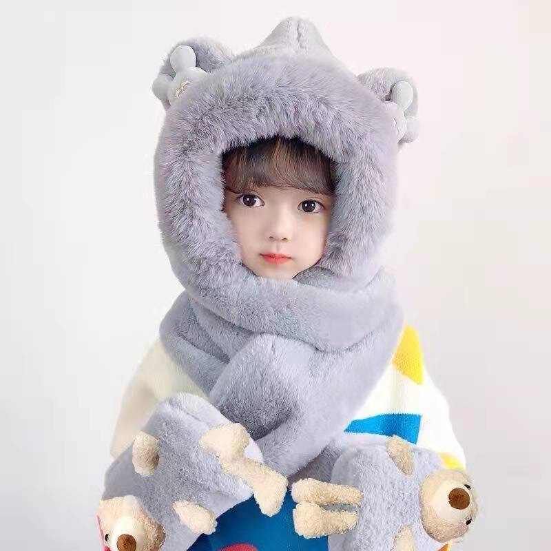 新款可爱毛绒保暖秋冬护耳帽子一体小熊冬季帽子围巾手套三件套女|undefined