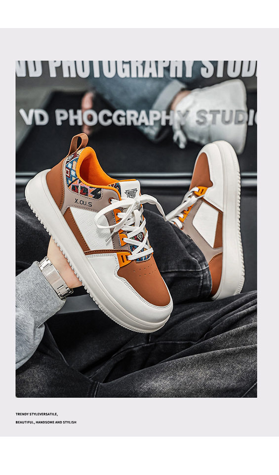 Giày sneaker cổ thấp mũi tròn rộng, đế dày tăng chiều cao, mặt da chống nước, dây buộc — Bạch tửu đỏ 8811, Trắng kaki 8811, Trắng đen 8811 chi tiết 19