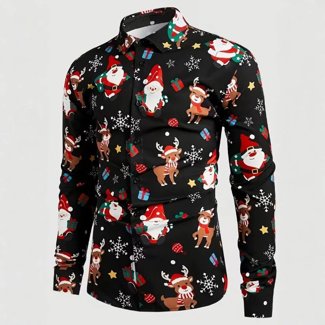 2026 foreign trade European and American cross-border men's plus-size Christmas digital print collared long-sleeve shirt 2026 foreign trade European and American cross-border men's plus-size Christmas digital print collared long-sleeve shirt