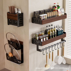 胡桃木厨房置物架中古风免打孔多层实木锅盖刀筷勺调料壁挂收纳架