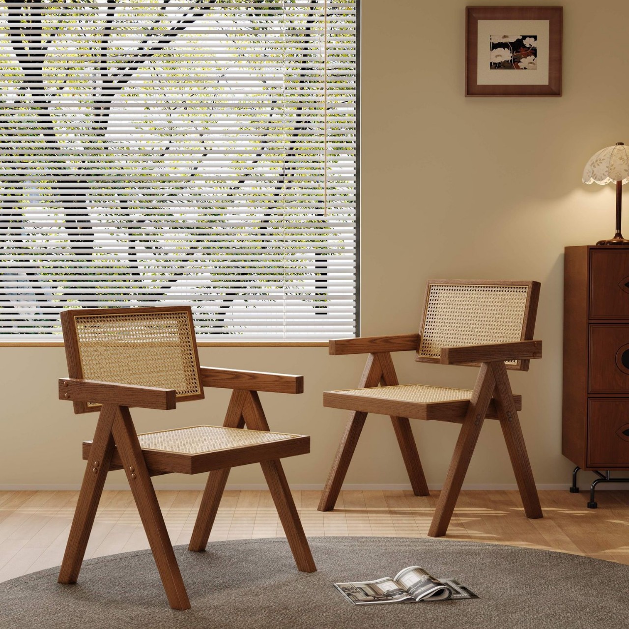 北欧客厅餐椅昌迪加尔民宿餐椅中古风餐饮店家用实木藤编靠背餐椅