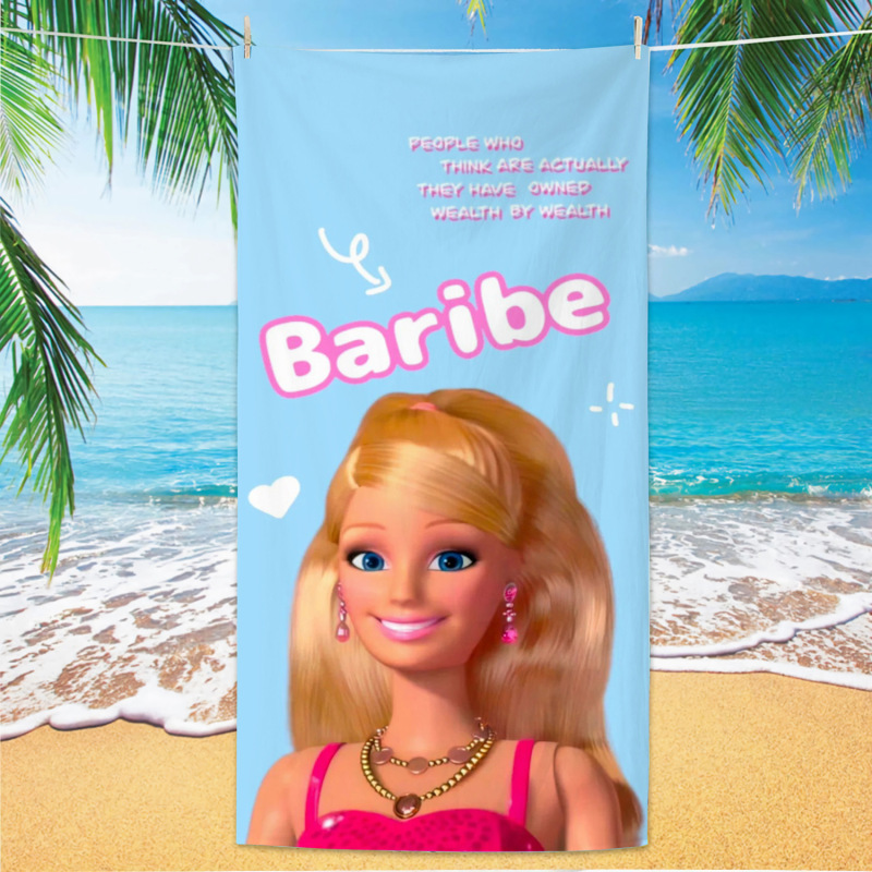 ピンクのかわいいバービープリントビーチタオルクロスボーダーヨーロッパとアメリカの女の子ビーチバスタオルマイクロファイバータオルアニメ|undefined