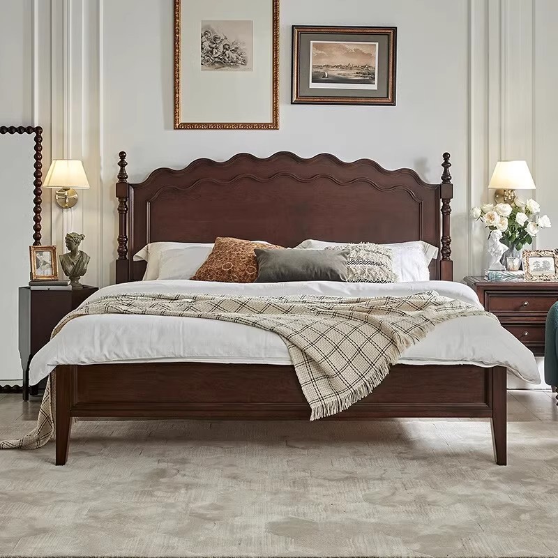 Retro Solid Wood Bed French Master Bedroom Double Bed Wedding Bed High-End Leia Bed Antique Style Ash Wood Bedroom 1.8m Bed