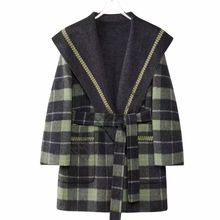 高奢新款羊毛格子大衣双面复古气质毛呢宽松长款秋冬外套