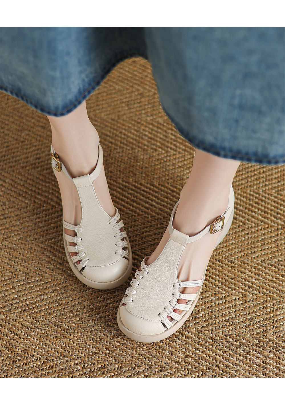 Sandal nữ da cừu mũi bao đế dày quai ngang một chữ kiểu La Mã — đen chi tiết 3