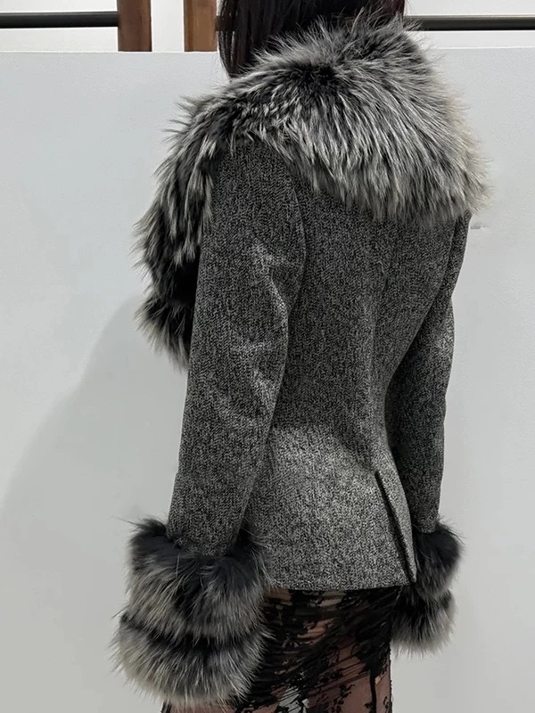 Chaqueta de Traje con Cuello de Piel de Poliéster, Manga Larga