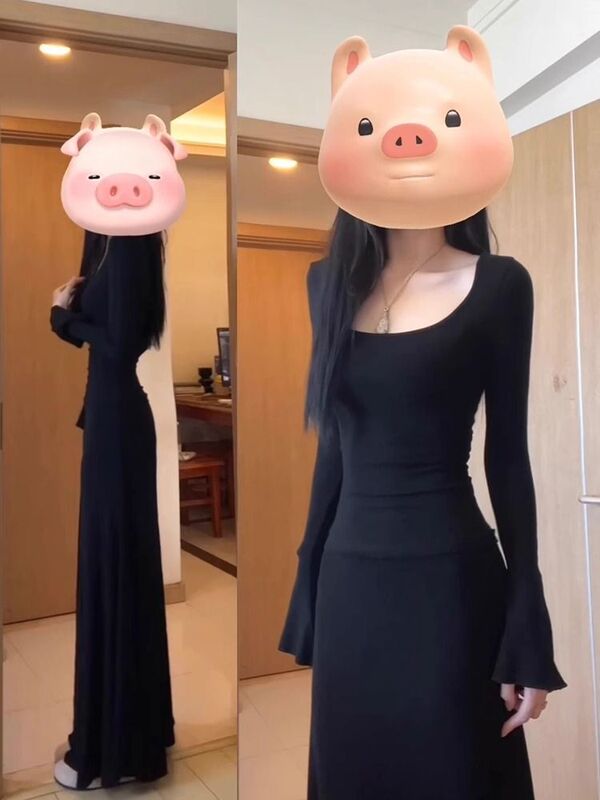 法式赫本风黑色长袖连衣裙女秋装2025新款气质修身御姐包臀长裙子|undefined