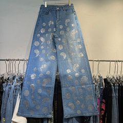 外贸2025欧洲站新款烫钻阔腿牛仔裤女高腰显瘦宽松符号设计感