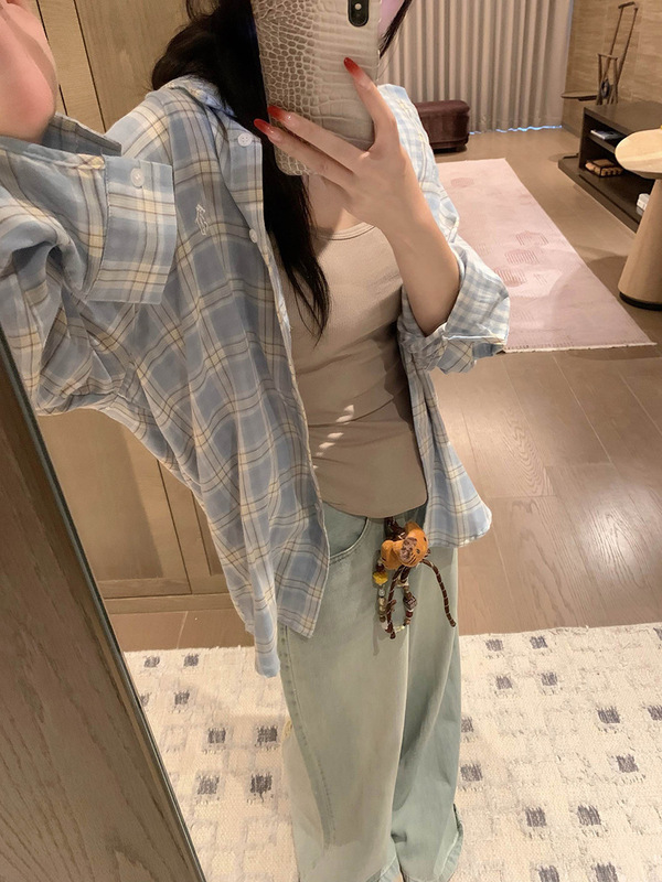 小清新棉麻刺绣格纹衬衫女秋季新款韩系翻领宽松格子长袖休闲外套|undefined