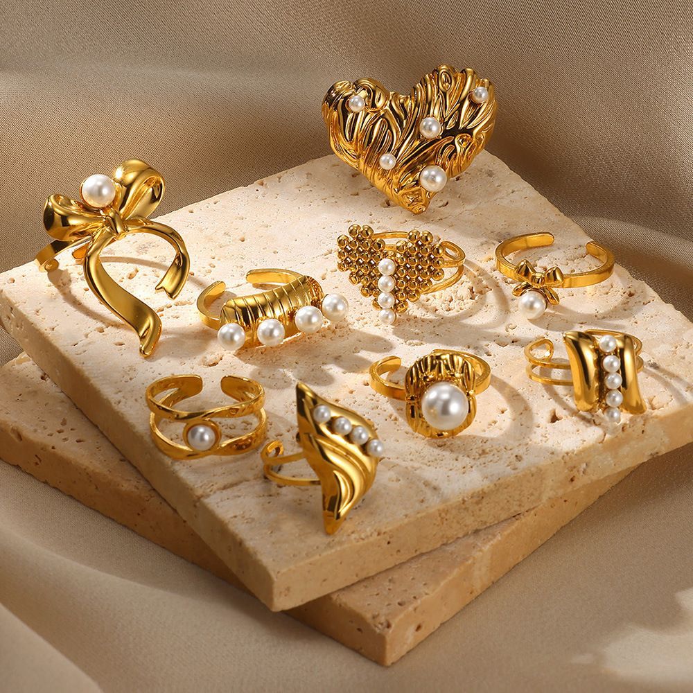 PVD Coated Gold Plating Process Real Gold Plated Plating Material PVD Coated Real Gold Plated Heart Shape Flower Bow Knot 304 Stainless Steel Imitation Pearl Vintage Style Waterproof Non Tarnish Open Rings