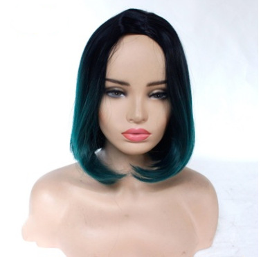 Mecánica cubierta de cabeza popular negro gradiente verde oscuro inclinado BOBO cabello recto fibra química de alta temperatura peluca de seda LW0186