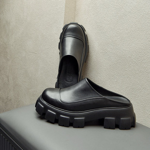 A generation of muffin thick-soled high-rise slippers men's leather baotou half slippers casual heel-free half-slip shoes tide