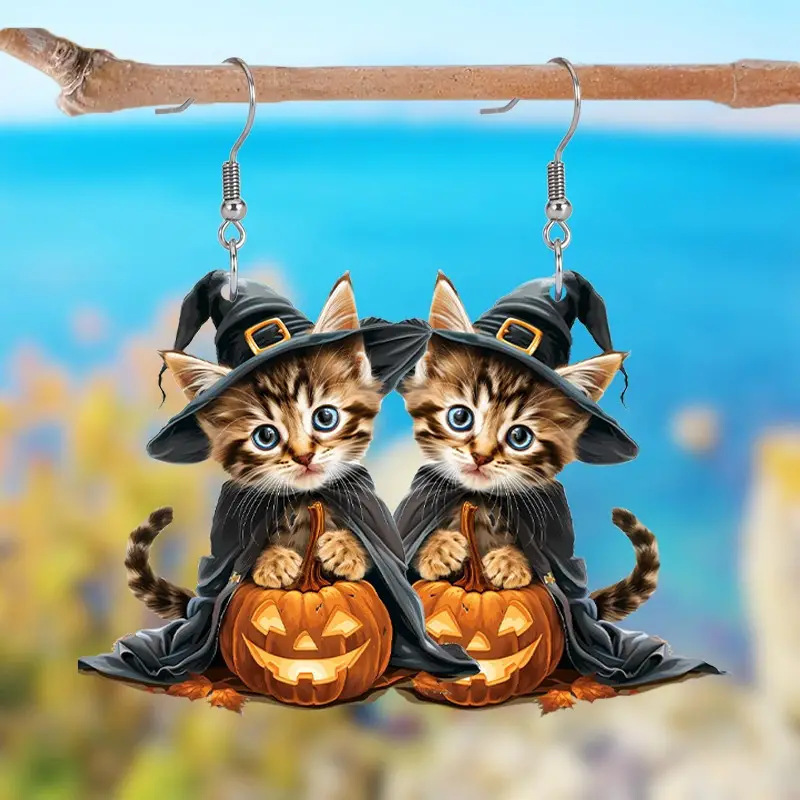 越境新品ハロウィンパーティーかわいい魔法の子猫かぼちゃアクリルピアスクリエイティブデザインセンスピアス|undefined