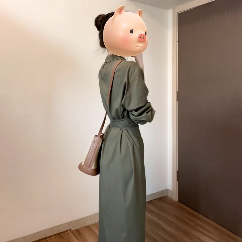 法式高级感绿色长袖衬衫连衣裙子女装2025新款开秋季穿搭收腰长裙|undefined