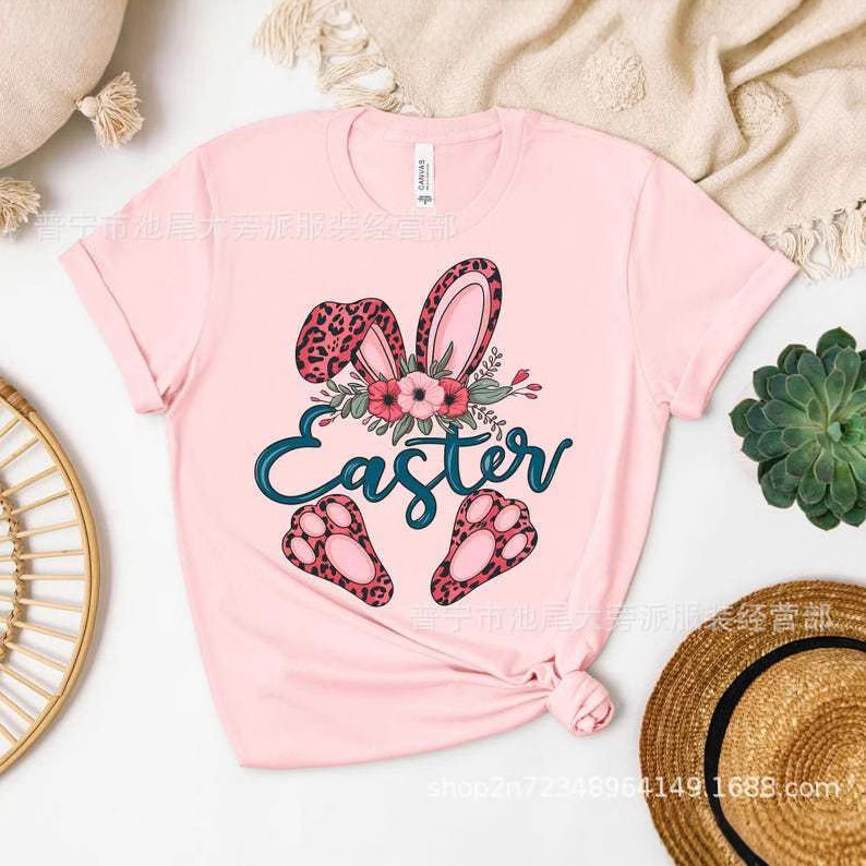 Cross-border European and American Easter Bunny Shirt Short-sleeved Women's Top Support Custom Photo Custom Casual Shirt