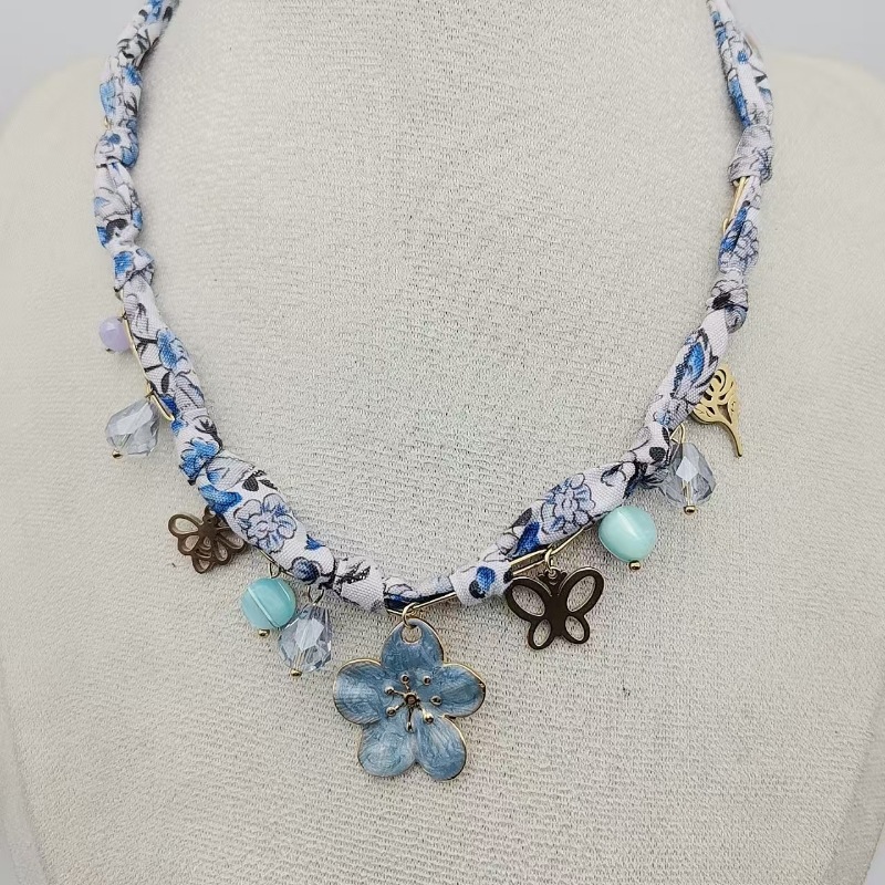 Flower Butterfly Elegant Beach 304 Stainless Steel Artificial Crystal Cloth Layered Necklaces Multi Charms Necklace Wholesale display picture 5