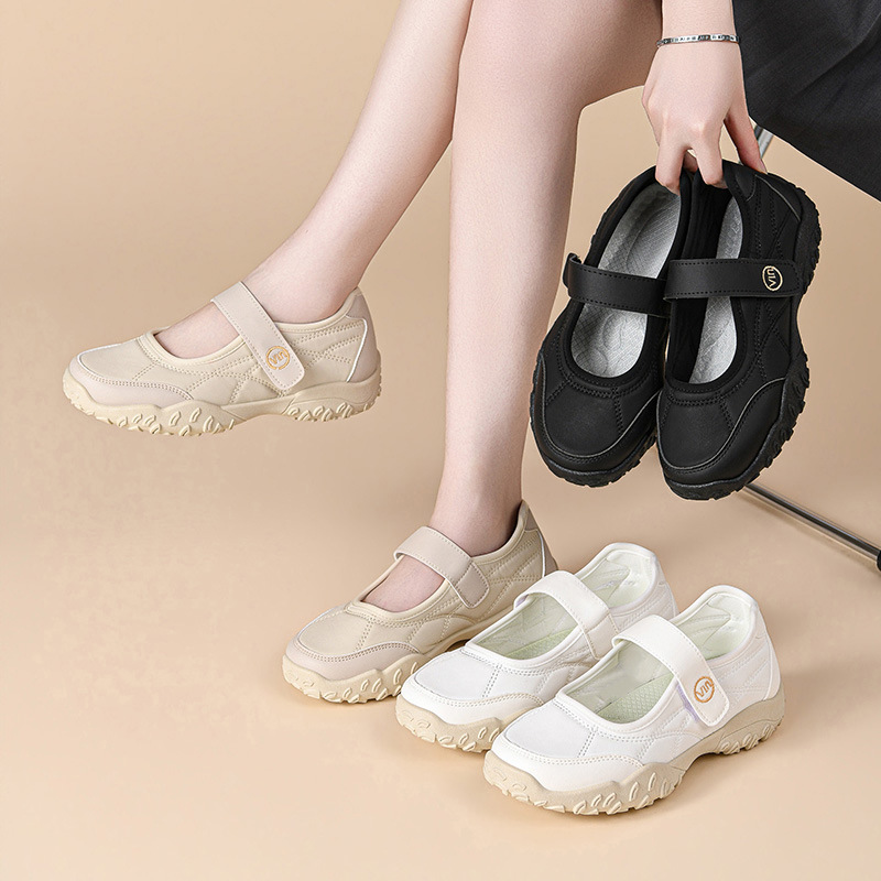 Mu Xiaomiao 2026 Autumn New Round-Toe Velcro Mary Jane Shoes for Women, Casual Shallow Low-Heel Flat Shoes