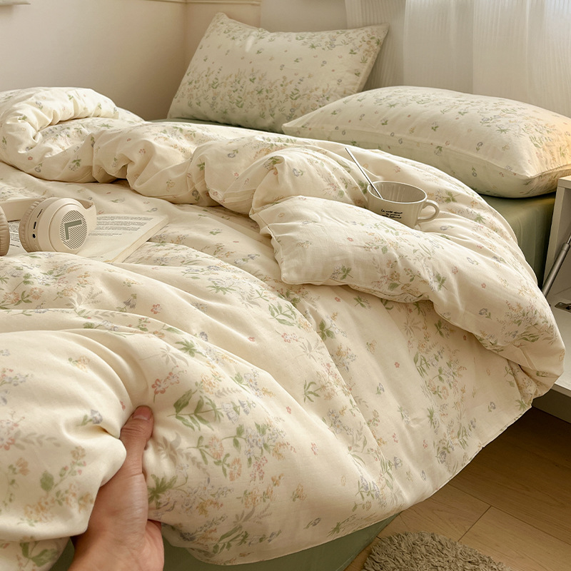 Juego de cuatro piezas de cama de algodón de hilo de doble capa 2025 nueva funda de edredón de sábana ropa de cama de dormitorio de estilo pastoral