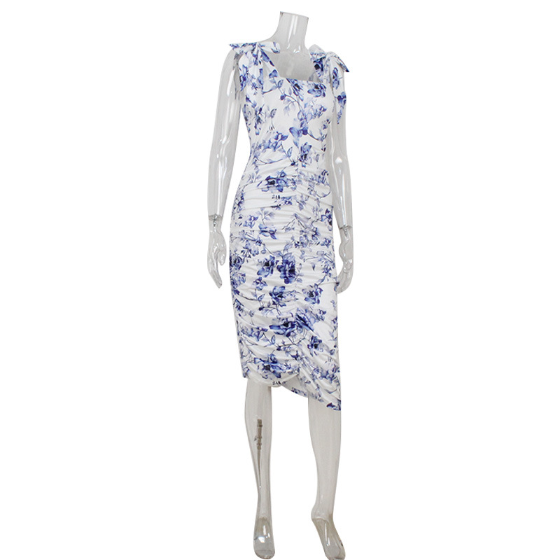 280g Weight Knee-Length Dress Length Type Sleeveless Sleeve Length One-Step Skirt Dresses Type Sleeveless Sleeve Type Spandex, Polyester Fabric Type Mid Waist Waist Line Party, Beach Occasion Sling style, Square Neck Neckline Slim Fit Type Printing Pattern 2025 Spring and Summer Season Women's, Adults Gender Pleated Design Royal Sister Wind Style 2025 New European And American Foreign Trade Amazon Women's Clothing Summer New Fashion Retro Printed Pleated Design Dress 10