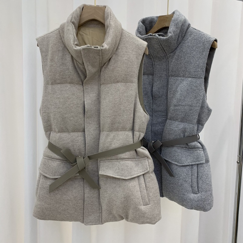 秋冬新款羊绒羽绒服马甲真皮腰带收腰羊皮门禁无袖立领鹅绒服女士