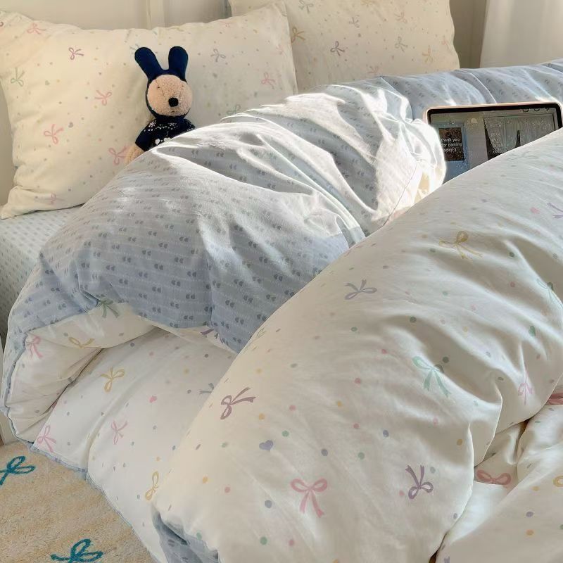 Korean Ins Style Blue Plaid Line Kitty Cat Washed Cotton Bed Bed Sheets Quilt Cover Four-Piece Set Super Soft Three-Piece Set