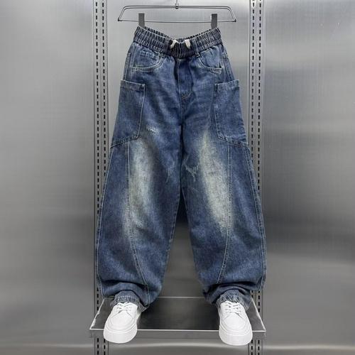 Autumn and winter new arrival denim pants—men's multi-pocket loose straight-leg pants, youth-style washed vintage trendy bootcut pants.