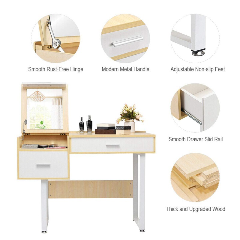 Espejo de tocador de estilo sencillo de madera, mesa de maquillaje moderna minimalista con gabinete de almacenamiento integrado para dormitorio.