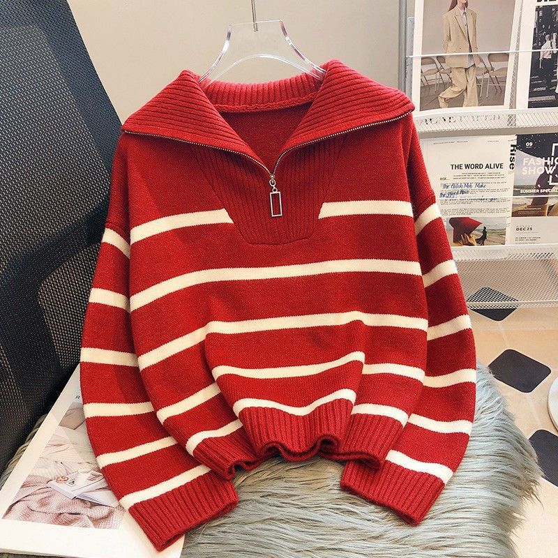 2023 otoño e invierno nuevo estilo coreano cuello alto contraste color casual suéter mujer abrigo suelta moda cremallera rayas suéter