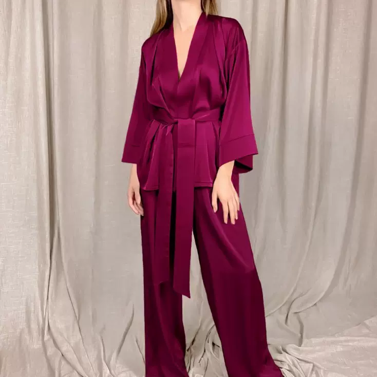 欧美外贸情趣内衣 女士睡裙性感家居睡衣弹力色丁上衣裤子 两件套