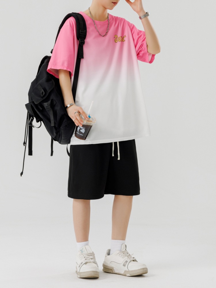 2025 nuevo verano adolescente pantalones cortos de manga corta traje deportivo casual moda degradado suelto traje de dos piezas hombre