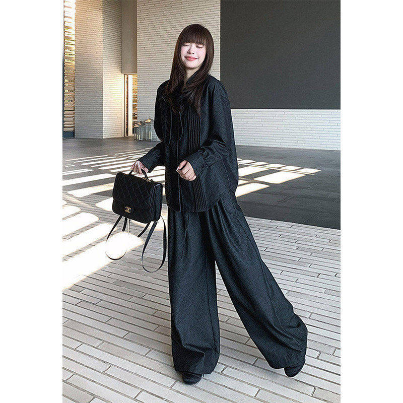 Korean-Style Gentle and Unique High-End Style Lapel Shirt and Loose Straight-Leg Wide-Leg Jeans Two-Piece Set