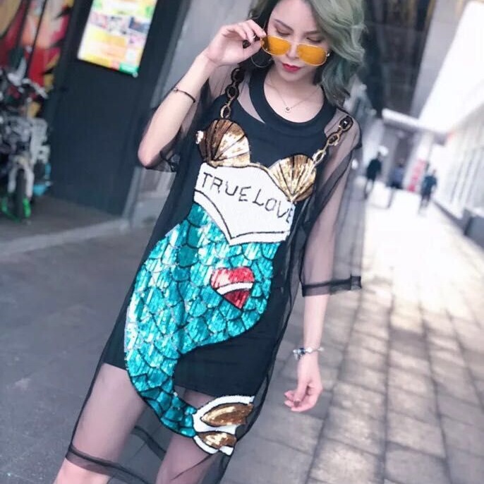 Thailand fashion brand letters and numbers sequins summer off-shoulder loose ins casual short sleeve dress T-shirt Women's Mid-length