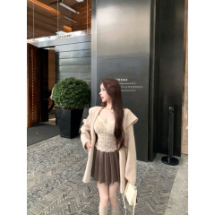 蕾丝带胸垫吊带秋冬慵懒连帽毛衣外套百搭显瘦百褶裙套装女