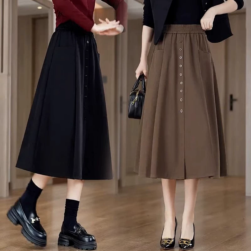 Весенне-летняя карманная юбка для женщин больших размеров, утягивающая юбка трапециевидной формы, закрывающая пролет, повседневная эластичная юбка-зонтик средней длины
