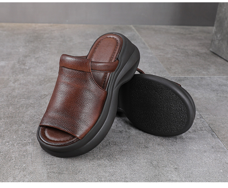 Dép sandal nữ quai ngang da bò thật đế mềm đi biển phong cách cổ điển — Màu nâu chi tiết 15