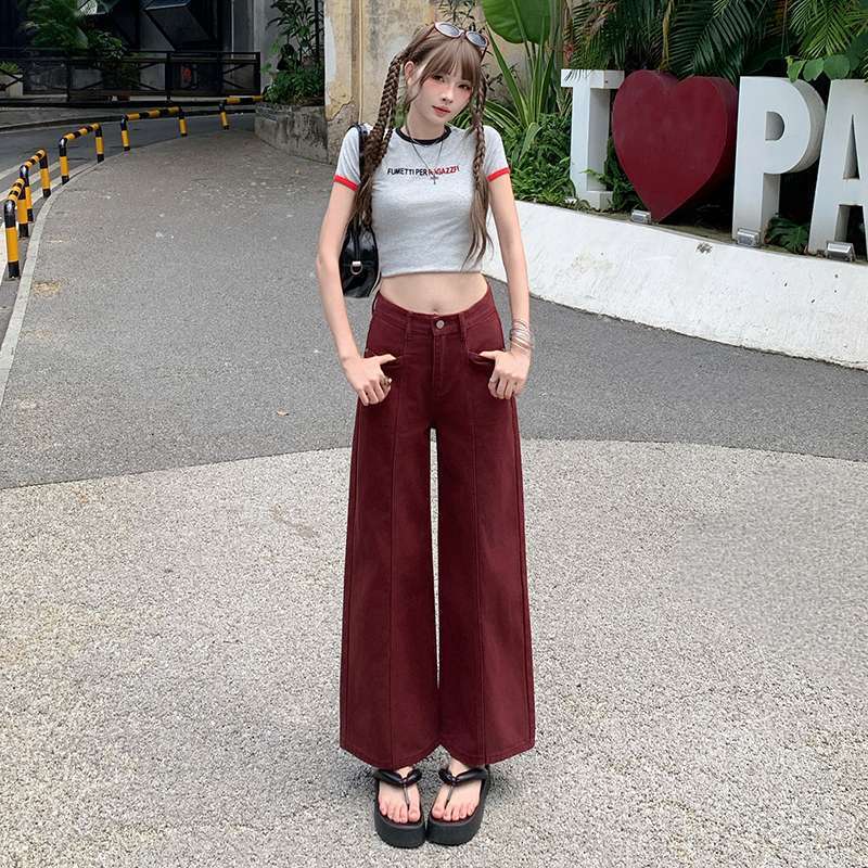 批发代发红色窄版直筒牛仔裤女设计感高腰宽松美式阔腿梧桐裤|undefined