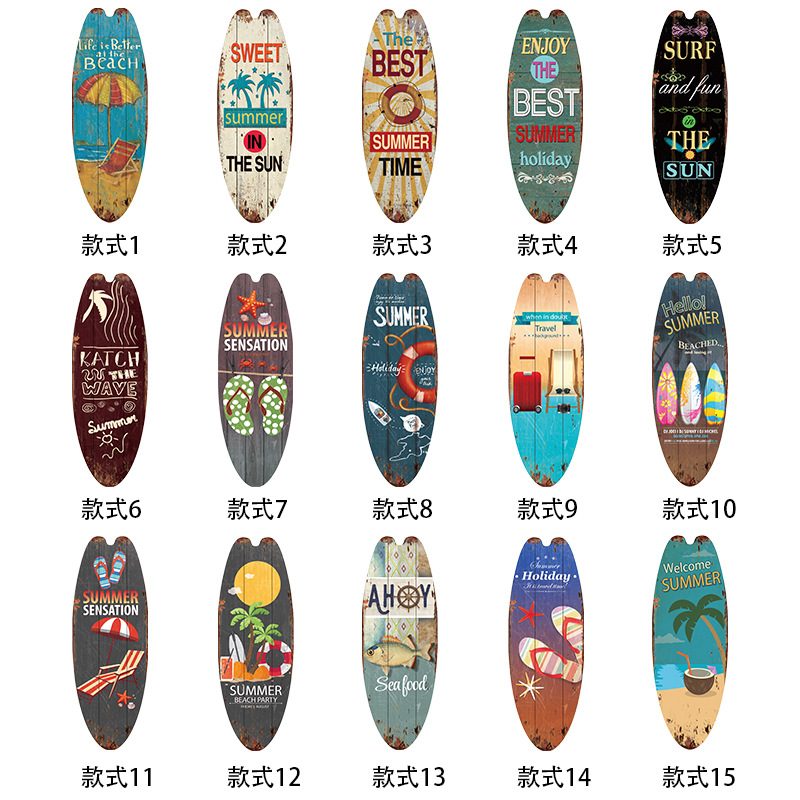 Nuevos productos verano playa océano tema ocio decoración tabla de surf marca de madera bar pared del hogar decoración retro