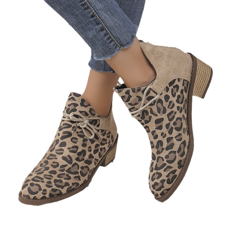 Large size leopard print low heel pointed short boots female fall and winter new one foot stirrups_voghion.com
