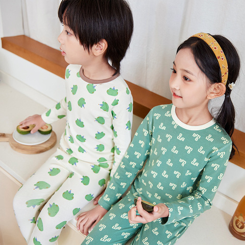 Children's boneless Lycra cotton suit for boys and girls, spring and autumn new home clothes, children's autumn clothes and long trousers