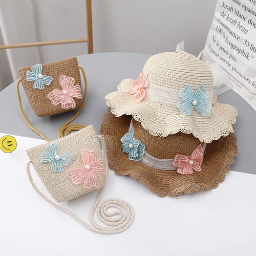 Children's Sun Protection Hat Summer Girls' Sunshade Grass Hat Bag Set Girls' Fashion Lace Princess Beach Hat