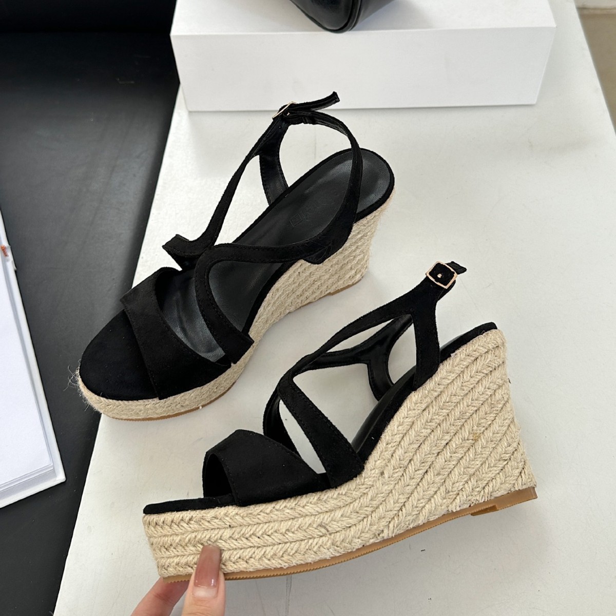 Sandali estivi alla moda da donna con plateau, in corda intrecciata di paglia, punta aperta, impermeabili, con zeppa e tacco altissimo_voghion.com