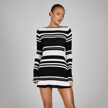 欧美女装秋季新款气质喇叭袖露背拼色条纹针织修身显瘦高腰连衣裙