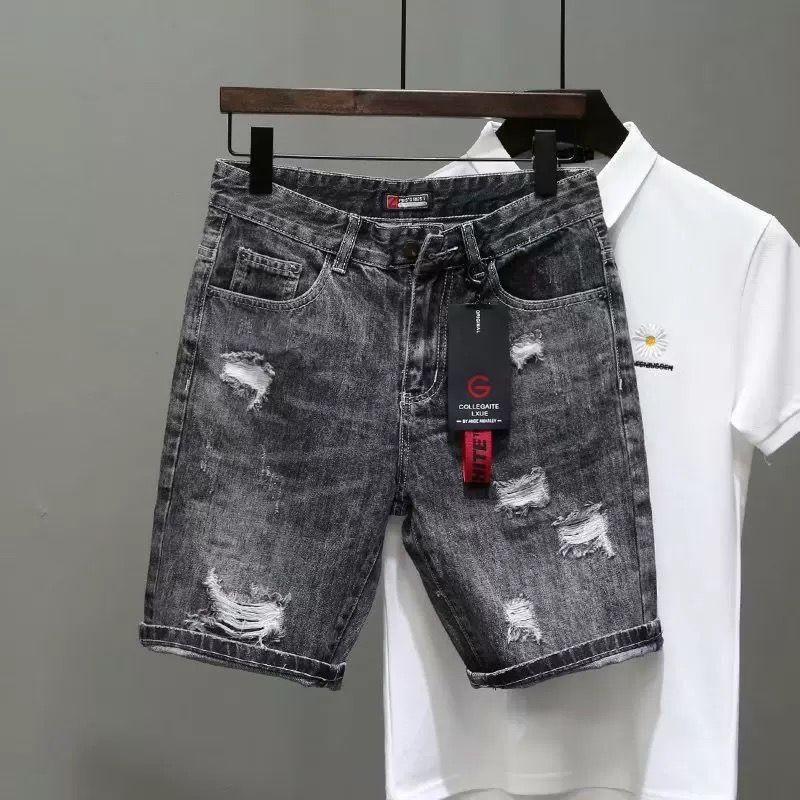 Summer Thin Gray Unisex Ripped Denim Shorts Korean Style Slim Fit Stretchy Five-Point Pants Trendy Japanese Retro