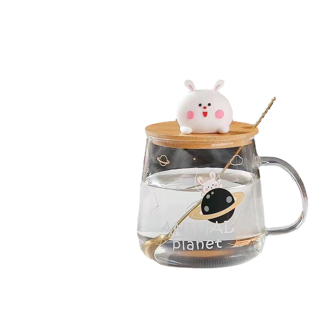Taza creativa de conejo lindo con tapa cuchara de vidrio taza personalizada de dibujos animados con mano regalo desayuno taza de agua