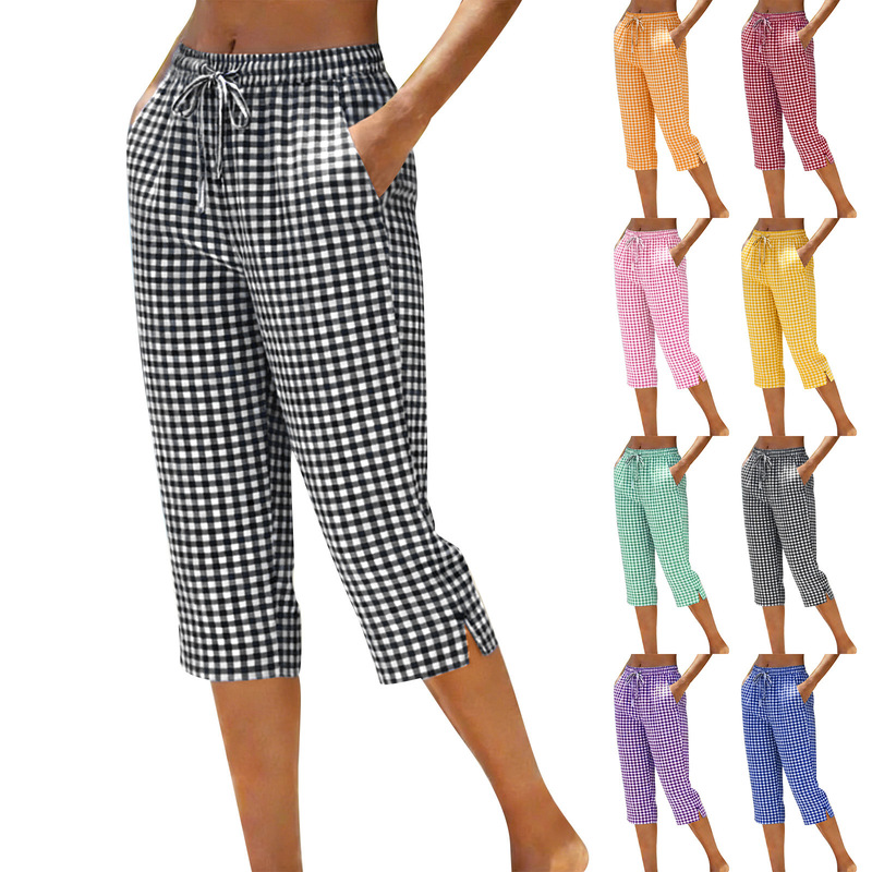 Cross-Border Aliexpress Women's Cotton and Linen Loose Trousers with Buttons, Elastic Waist, Casual Straight-Leg Pants, Vintage Plaid Cropped Pants