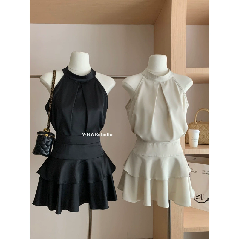 Высококачественная атласная верхняя одежда, французский топ с открытыми плечами и воротником-стойкой, женский юбочный костюм для маленьких людей.